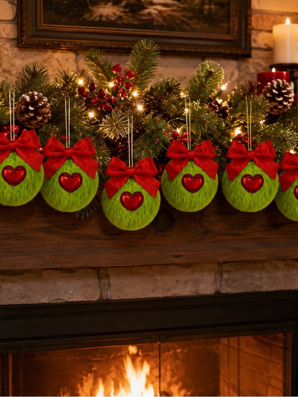 9 Christmas Plush Green Ornament with Red Bow and Heart – Holiday Home Decor - Picture 3 of 7